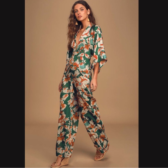 From Sunrise Teal Floral Print Bell Sleeve Wide-Leg Jumpsuit - Picture 3 of 13